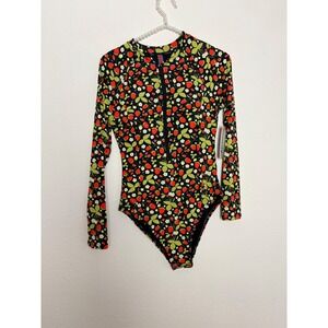 Betsey Johnson Swimsuit Large Black Strawberry Long Sleeve Zip Rash Guard NEW